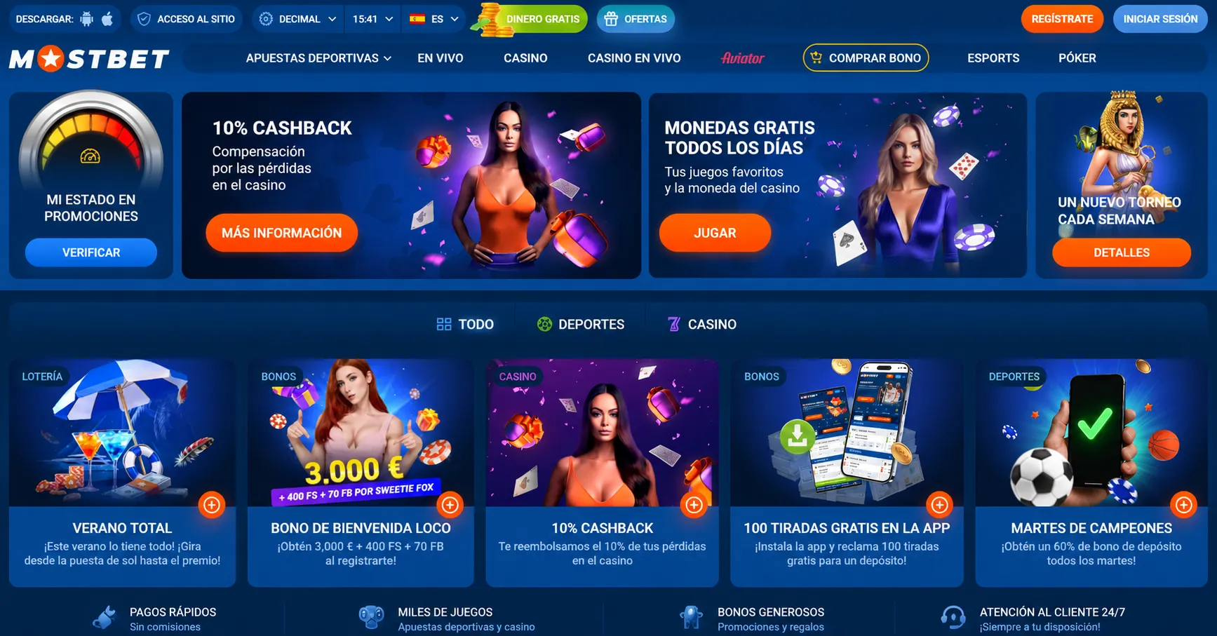 Programa de fidelidad, cashback y giros diarios en Mostbet