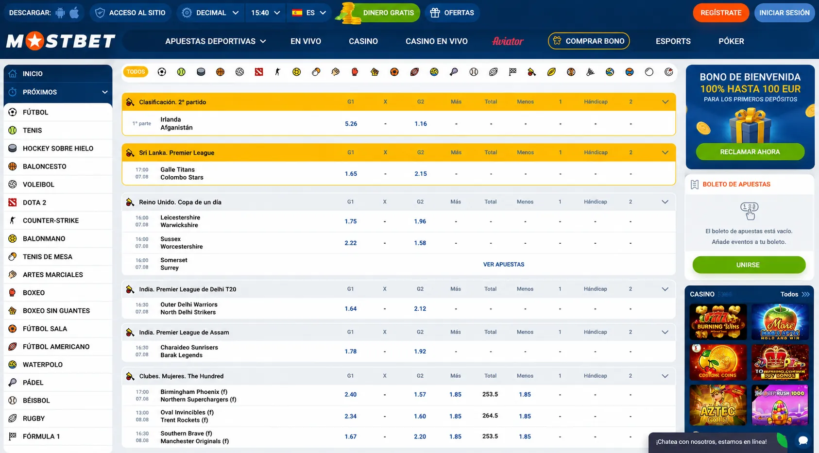 Apuestas deportivas y mercados en vivo dentro de Mostbet